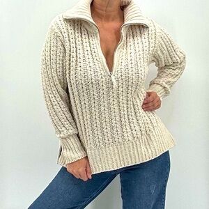 Aerie Fishermancore Plush Cozy Preppy Cable Knit Zippered Oversized Sweater